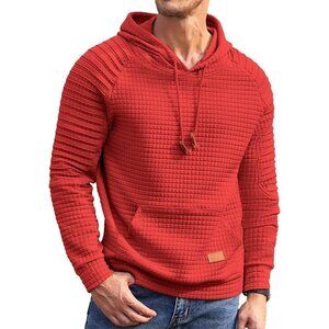 Men Red Pullover Casaul Long Sleeve Drawstring Waffle Knit Hooded Sweatshirt